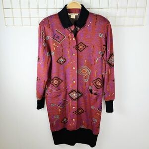 Hanae Mori Boutique Graphic Print 80s Vintage Long Sleeve Blouson Knit Dress